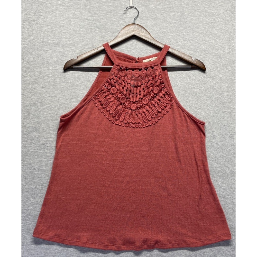 Another Reason Halter Tank Top Womens Medium Rust Red Crochet Yoke Keyhole Back